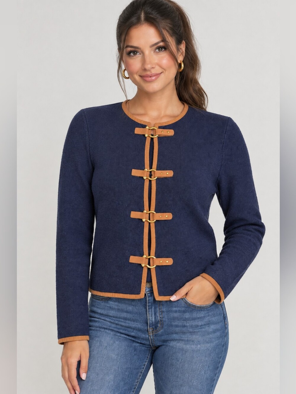 Lauren Ralph Lauren Equestrian Buckle Front Navy & Suede Cardigan Sweater Size X